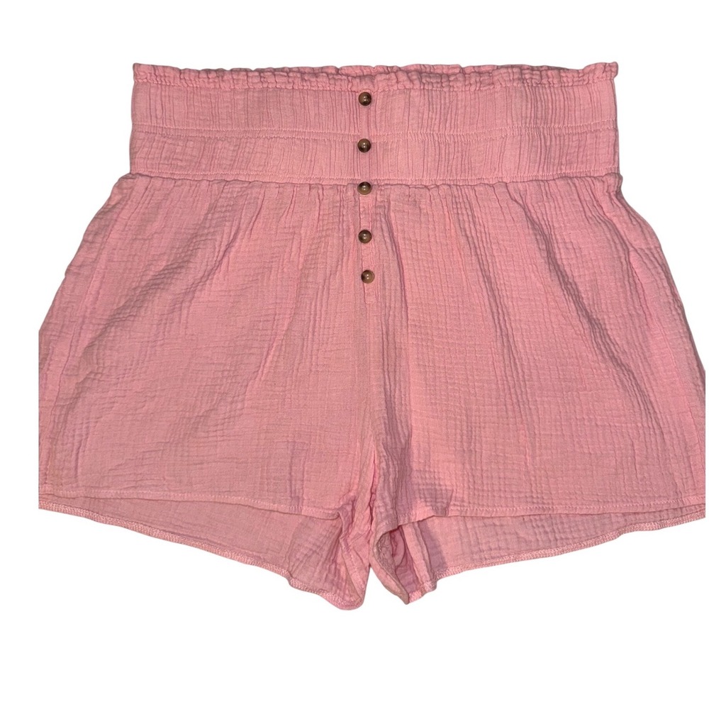 Simply Southern Pink Cotton Gauze‎ Smocked Waist Shorts M/L Button Front